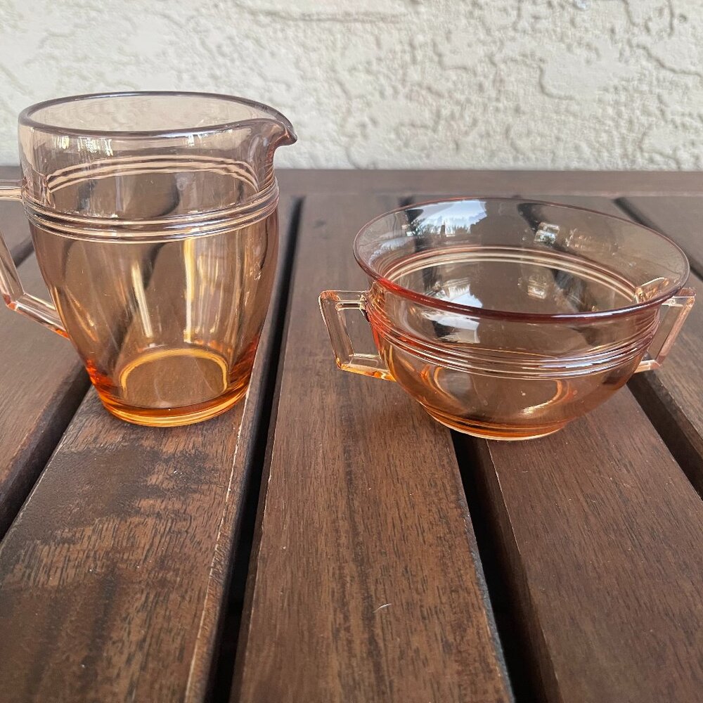 Art Deco Peachy Amber Depression Glass Creamer & Sugar Set